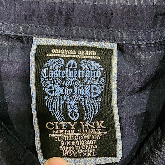 Navy Blue Long Sleeve Button Down Shirt with Embroidered Crosses - Picture 3 of 6